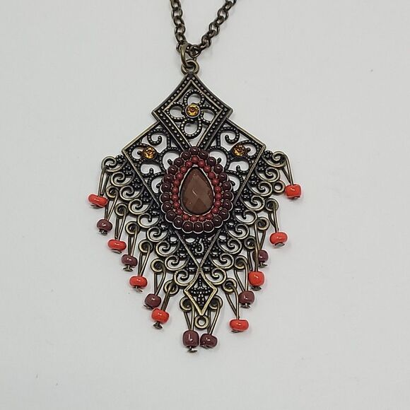 Brass Color Filigree Pendant Necklace 15" Boho Orange Red Details - Picture 1 of 3